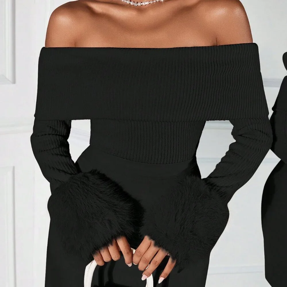 Black Casual Women's Patchwork Furry Cuff Off Shoulder Fitted Blouse - Picture 1 of 6